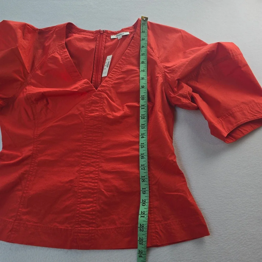 Madewell NWT Women Red V-Neck Puff Sleeve Cotton Poplin Top NZ527 Size 8